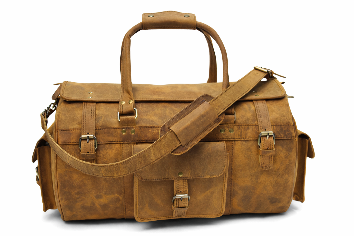 Tan Leather Travel Duffel Bag