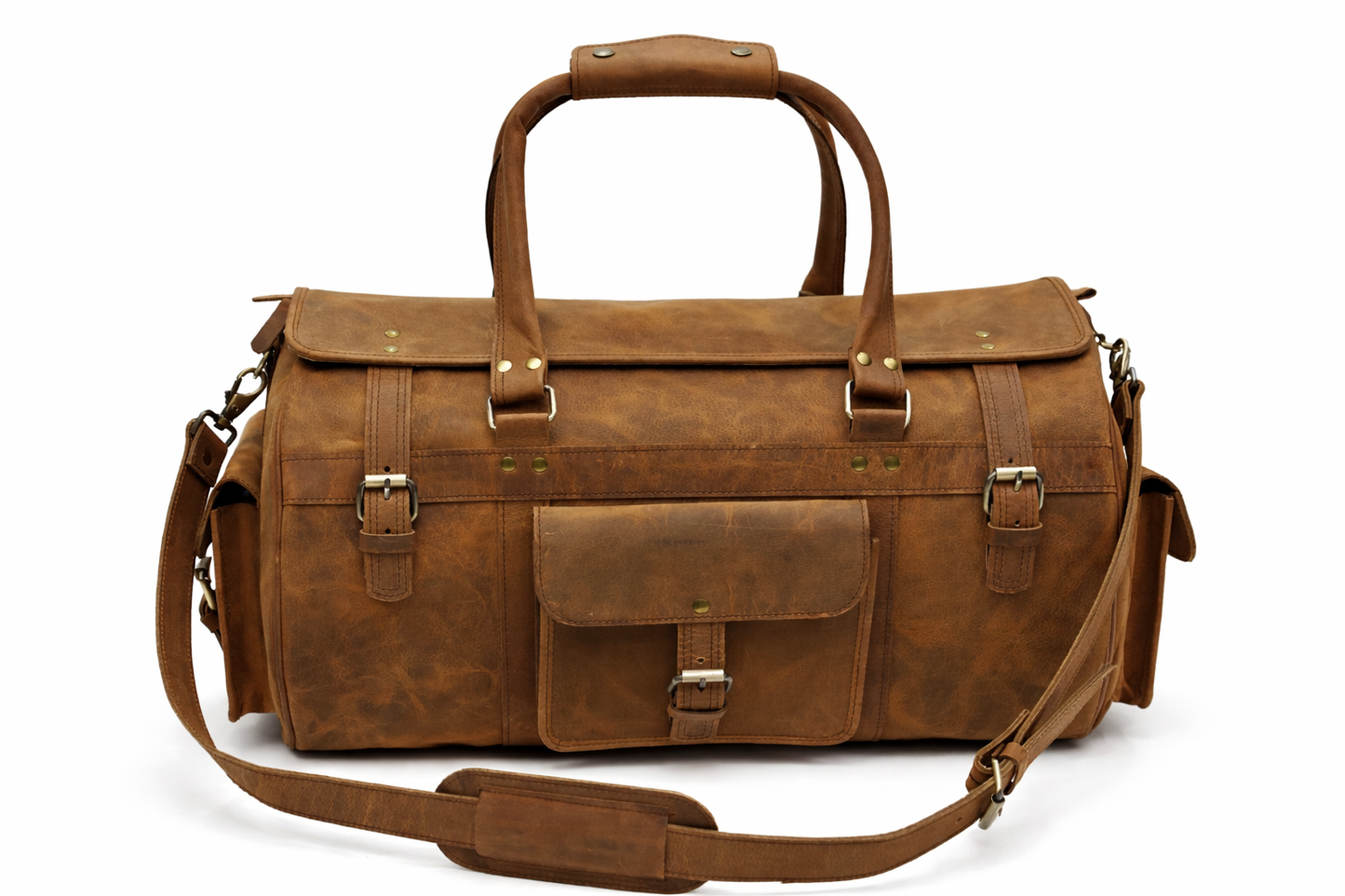 Tan Leather Travel Duffel Bag