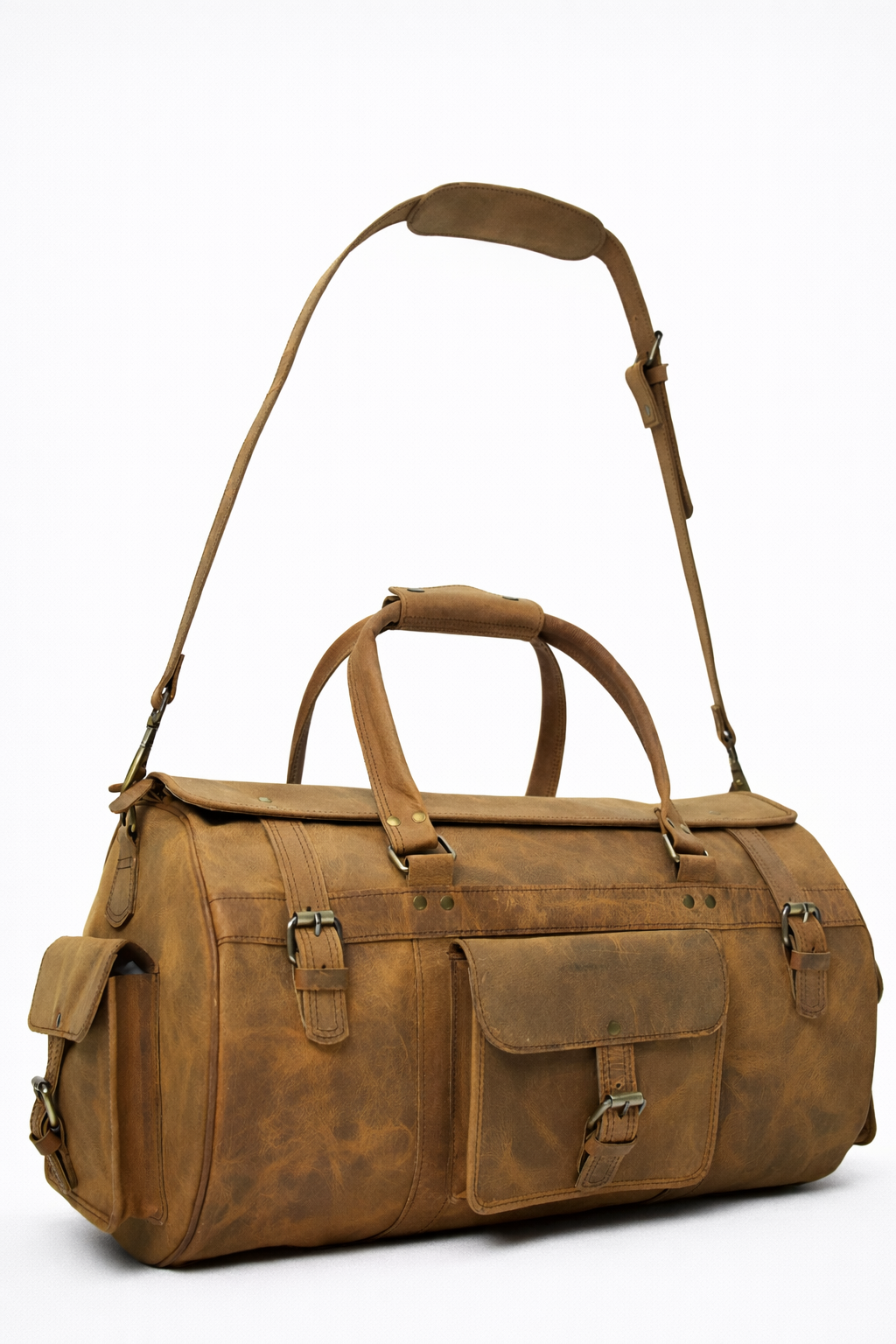 Tan Leather Travel Duffel Bag